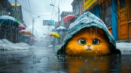 A small cat with big eyes sheltering under a green hood in a rainy street.