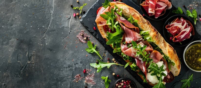 Top view of a ciabatta sandwich with romaine salad, prosciutto, and mozzarella cheese on a stone background, featuring copy space.