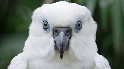 Close up of bird with blue eyes, white feathers, beak, and wing, in nature - obrazy, fototapety, plakaty