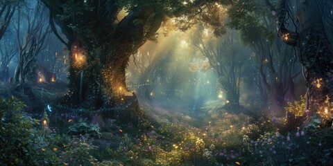 Fototapeta premium An enchanted forest with magical creatures, glowing plants, ancient trees, a hidden fairy village, mystical ambiance. Resplendent.