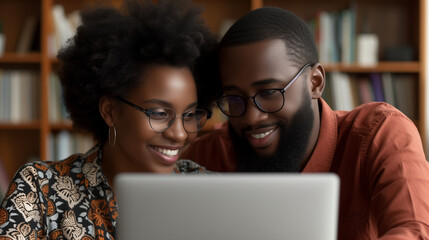 Smiling young couple working together on a laptop in a cozy home setting