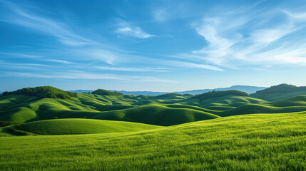 Obraz premium Vast Green Hills under a Clear Blue Sky in Idyllic Countryside Panorama