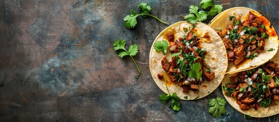 Overhead shot of Mexican al pastor street tacos with space for text.