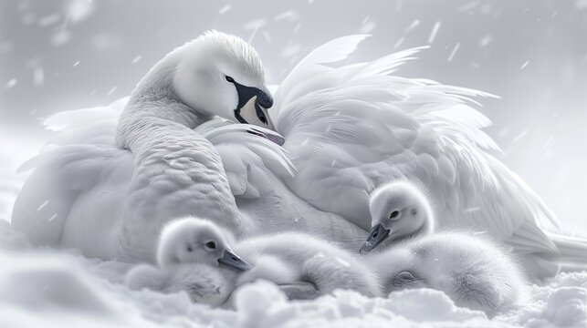Mother swan and ducklings sleep peacefully in the snowy landscape