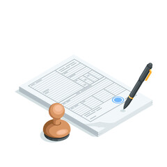 isometric vector stack of paper forms with stamp and pen, in color on a white background, filling out a form or invoice