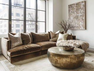Elegant living room with a luxurious velvet sectional sofa and faux fur throw pillows.