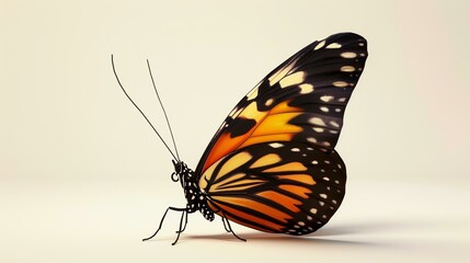 A beautiful butterfly with vibrant orange, black, and white wings. It is perched on a white surface, with its wings spread open.