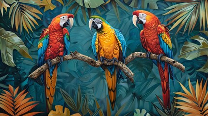 Naklejka premium Vintage wallpaper design with colorful macaws perched in a vibrant Amazon canopy
