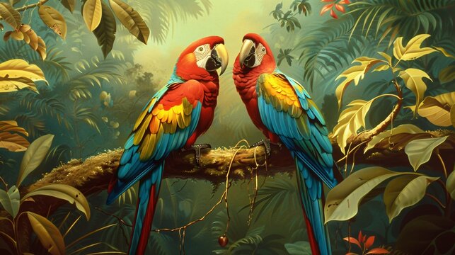 Vintage wallpaper design with colorful macaws perched in a vibrant Amazon canopy