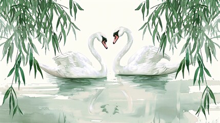 Obraz premium Vintage wallpaper design with elegant swans on a serene lake bordered by willows