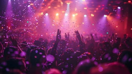 Vibrant Nightclub Revelry in Purple Hues and Confetti Rain. Concept Nightclub Party, Purple Lighting, Confetti Rain, Vibrant Atmosphere
