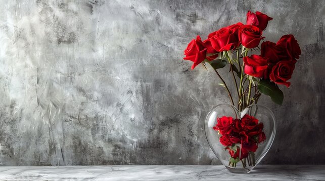 Red roses in a heart shaped vase, plain gray background   