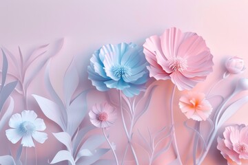 Paper cut flowers in pastel shades on a pink background