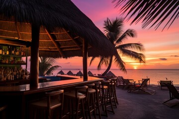 A Tropical Beach Bar at Sunset, Nestled Between Palm Trees with a View of the Crystal Clear Ocean and a Colorful Sky