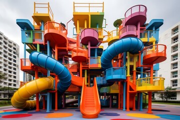 A Vibrant, Modern Children's Playground Nestled in the Heart of a Bustling City, Filled with Colorful, Interactive Structures and Surrounded by Lush Greenery