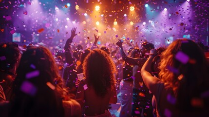 Dance Floor Energy: Purple Haze & Confetti Bliss. Concept Club Vibes, Colorful Lights, Music Beats, Disco Ball Glam