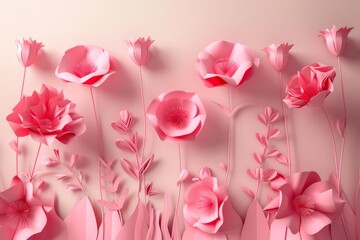 An artistic composition of 3D paper flowers in varying shades of soft pink with detailed shadows, creating a delicate and romantic visual texture, perfect for.
