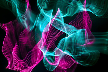 Mesmerizing neon teal and magenta lines dancing in harmony. Abstract artwork on black background.