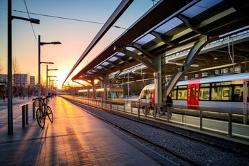 Fototapeta na wymiar A Vibrant Suburban Train Station at Dawn with a Busy Bike Rental Stand, Illuminated by the First Rays of Sunlight