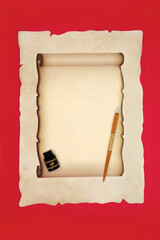 Old fashioned writing stationery equipment with brass wood pen, parchment paper scroll, ink bottle on red background. Letter, document, journal, invitation, manuscript concept.