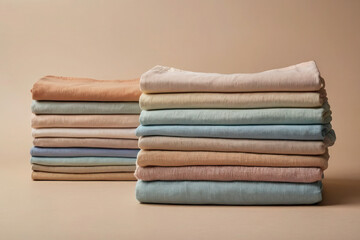 Two stacks of light freshly washed clothes made from natural fabrics on a light background, pastel colors, laundry banner, ironing