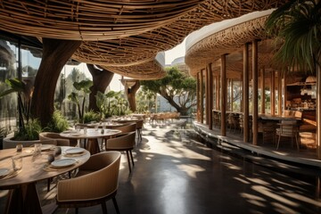 A Unique Hybrid Indoor-Outdoor Restaurant with a Modern Architectural Design, Blending Natural Elements and Contemporary Style