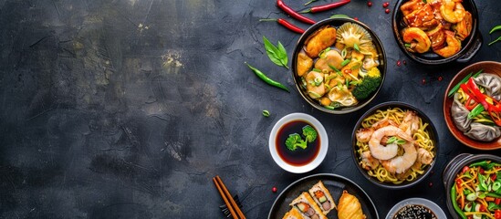 Chinese cuisine on a dark backdrop featuring dishes such as Chinese noodles, fried rice, dumplings, Peking duck, dim sum, and spring rolls. - obrazy, fototapety, plakaty