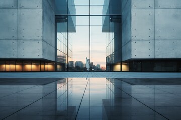 Modern Architectural Marvel: A Concrete Building with Large, Inset Glass Sections Reflecting the Surrounding Cityscape