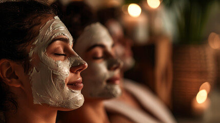 Profile of women with face masks at a spa
