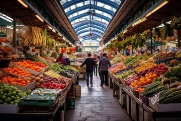 Bustling Fruit and Vegetable Market with Colorful Outdoor Stands, Shoppers Engaging with Vendors, and a Variety of Fresh Produce on Display - obrazy, fototapety, plakaty