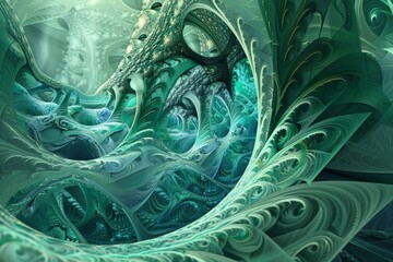 An abstract digital artwork that evokes textures of ocean waves and plant foliage, captured with a focus on the interplay of blue and green hues..