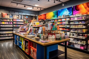 Fototapeta premium A Vibrant Art Supply Store Bursting with Colorful Paints, Brushes, Sketchbooks, and Creative Tools for Artists of All Levels