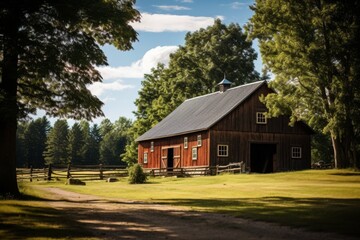 A Traditional Wooden Barn Nestled in the Lush Green Countryside, Surrounded by Tall Trees and a Clear Blue Sky