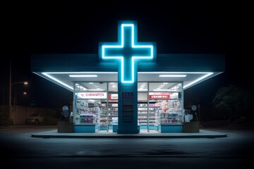A local pharmacy in a small town, illuminated by a bright neon cross sign, inviting customers for late-night medical needs