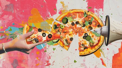 Stock Illustration of a hand and speaker with a pizza. Made with paper collage