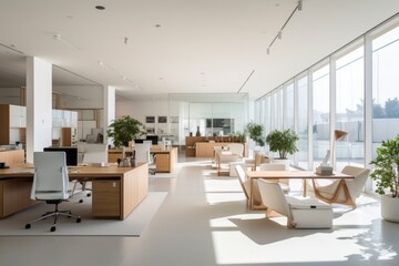 A Vanilla Clean Office Space with Modern Furniture, Bright Lighting, and Minimalist Decor, Perfect for Productivity and Comfort