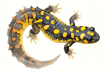 A dynamic watercolor of a Spotted Salamander, secreting toxins through its skin, vibrant yellows and deep blacks, white background, vivid watercolor, 100% isolate
