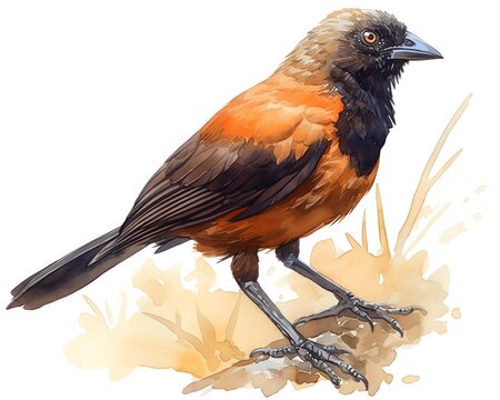 A dynamic sketch of a Hooded Pitohui, one of the few known poisonous birds, vibrant oranges and blacks, white background, vivid watercolor, 100% isolate
