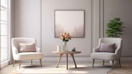 Elegant Pastel Living Room: Explore the subtle elegance of a minimalist living room in tan and taupe, with chic beige armchairs and a metal table against a soft gray wall, beautifully rendered in high