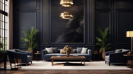 Elegant Reception Room, Explore the sophisticated charm of a business lounge designed in navy and gray, set against a luxurious black painted wall with decorative wood details - obrazy, fototapety, plakaty