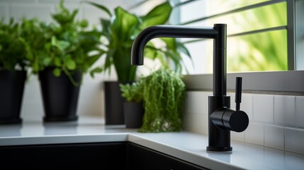 Elegantly simple black kitchen faucet over a white sink, complemented by a green plant, highlighting modern interior design in a realistic close-up