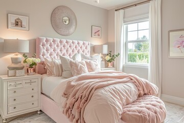 beautifully arranged bedroom with pink accents and a tufted headboard. Natural light streams in...
