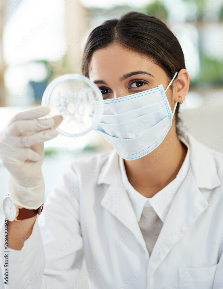 Poster scientist, petri dish and research with sample in lab from testing, innovation and development. medi