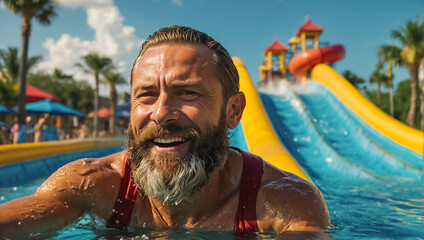 Portrait enjoyment  man in a water park in summer - obrazy, fototapety, plakaty