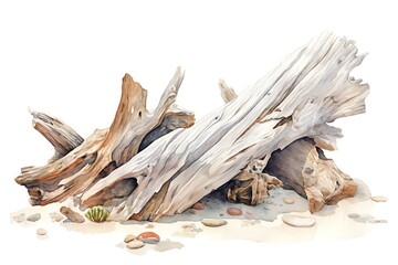A rustic illustration of a driftwood log on a secluded beach, textured woods and soft shorelines, white background, vivid watercolor, 100 isolate - obrazy, fototapety, plakaty