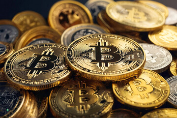 Gold bitcoin pile. Virtual cryptocurrency concept. Digital wealth, online trading