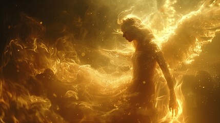 Man with wings engulfed in flames in a dark room, creating a dramatic atmosphere