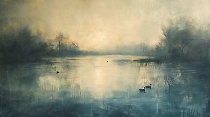 Obraz na płótnie Canvas A misty lake at dawn, bathed in soft morning hues, where ducks glide peacefully, embodying tranquility and the serenity of early dawn