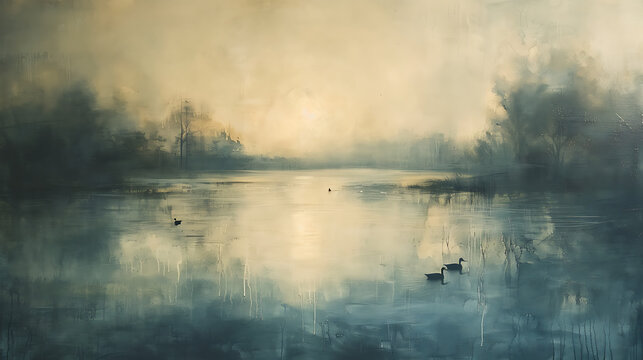 A misty lake at dawn, bathed in soft morning hues, where ducks glide peacefully, embodying tranquility and the serenity of early dawn