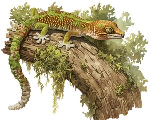 A rustic illustration of a Mossy LeafTailed Gecko, camouflaged against a tree bark, intricate greens and browns mimicking moss and wood, white background, vivid watercolor, 100 isolate